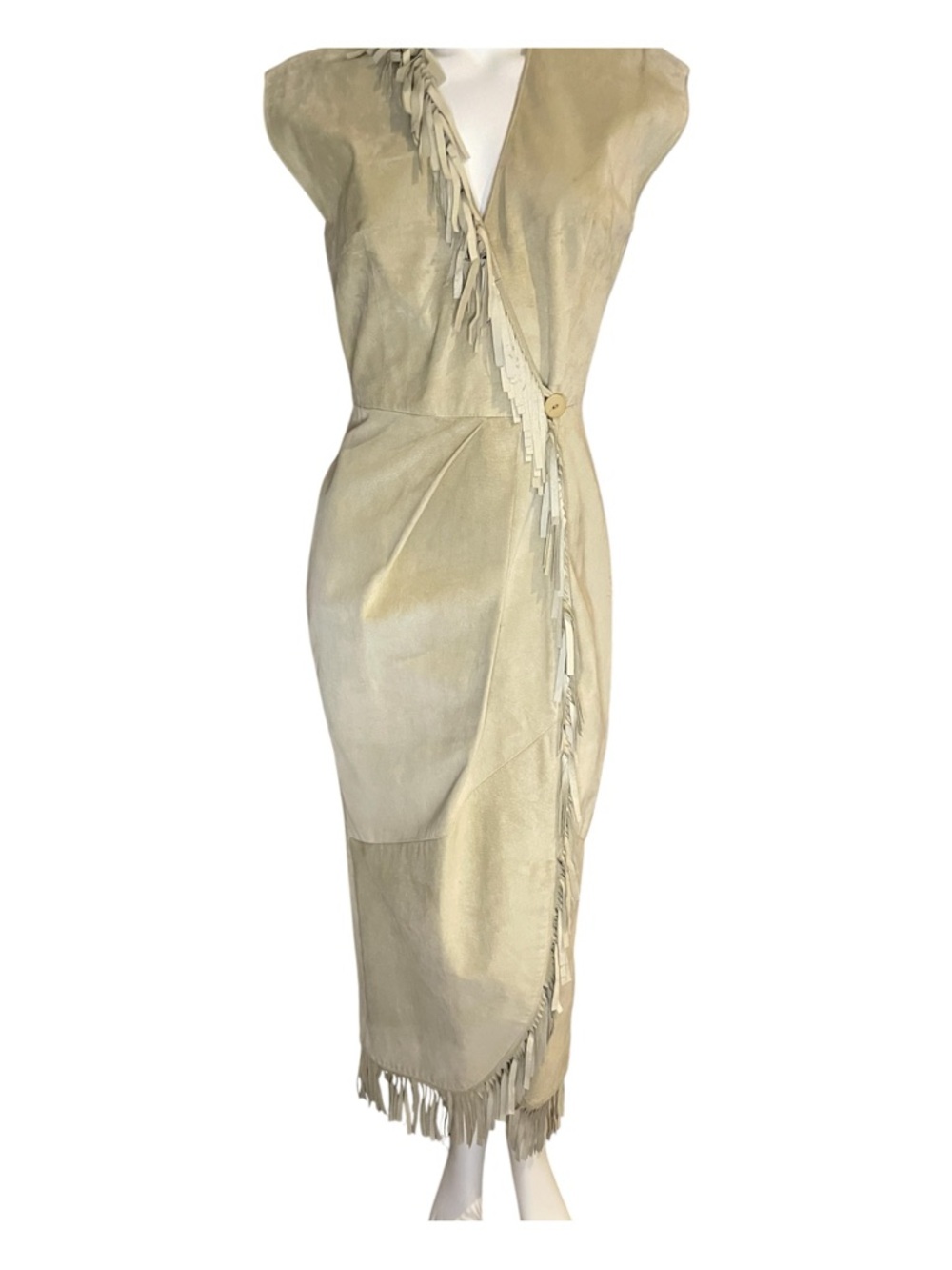 Beige Fringe Wrap Midi Dress - Women's Suede Style